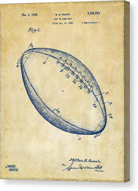 1939 Football Patent Artwork - Vintage Canvas Art Print by Nikki Marie Smith