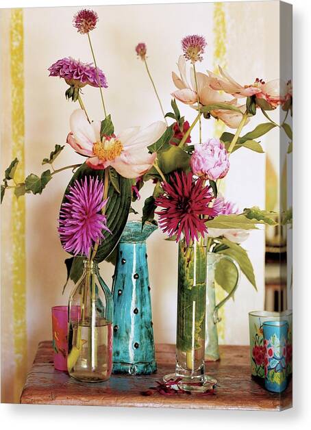 Dahlias And Peonies In Majolica Vases Canvas Art Print by James Merrell