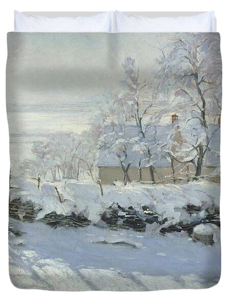Monet's Winter Landscape with Magpie Duvet Cover