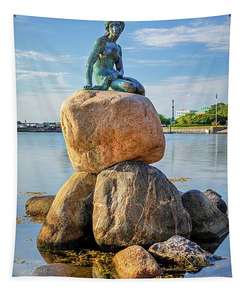 Denmark, Zealand, Copenhagen, Little Mermaid, Scandinavia, Baltic Sea, The Sound, Oresund, Little Mermaid At Langeliniepark On The Port Canal Tapestry