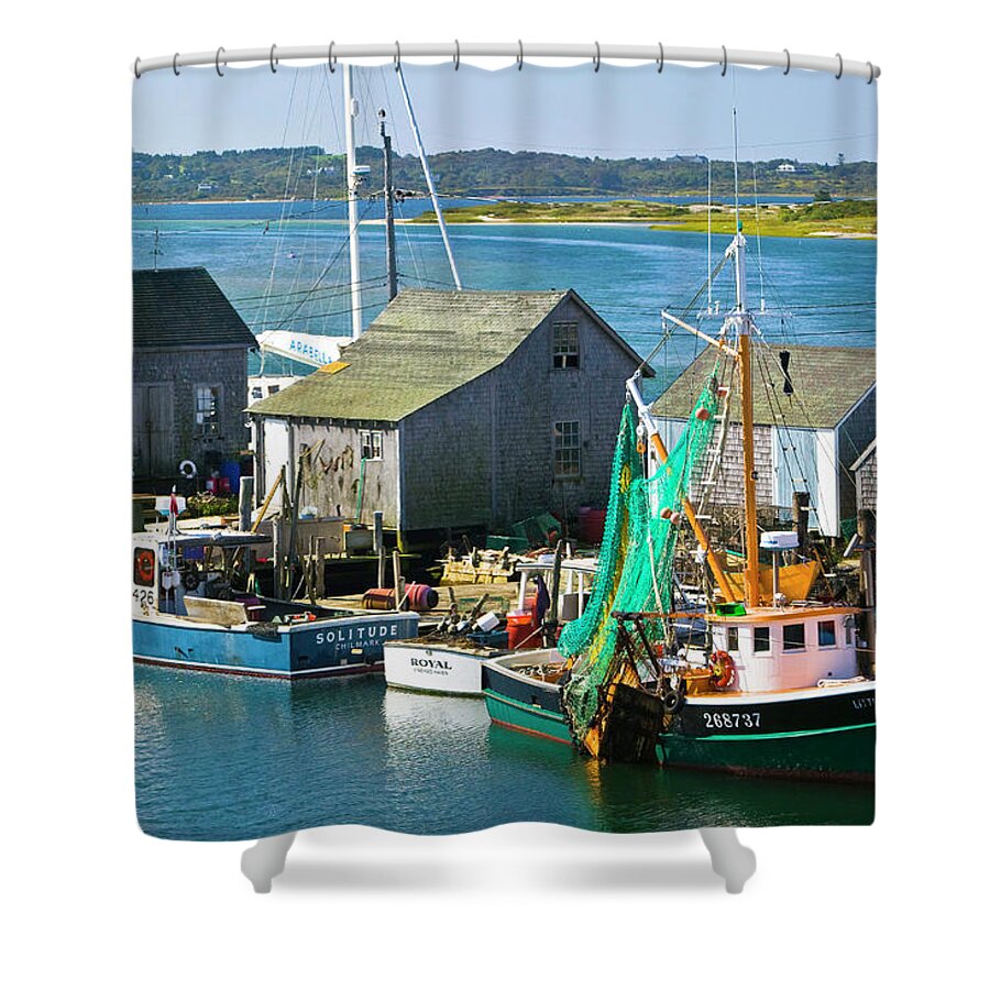Colorful Fishing Harbor Scene Shower Curtain