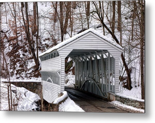 Winter Covered Bridge Scene Metal Print
