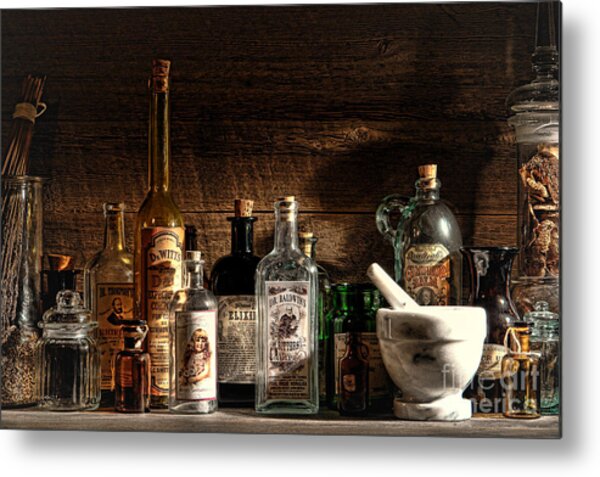 Vintage Apothecary Bottles on Wooden Shelf Metal Print