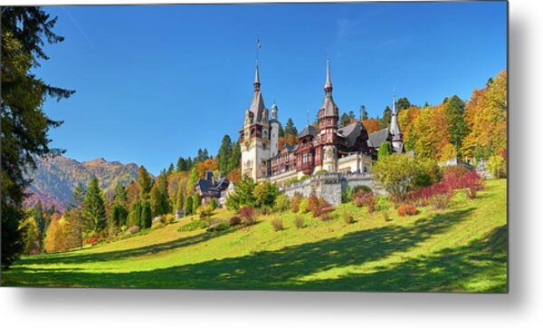 Peles Castle in Autumn Landscape Metal Print