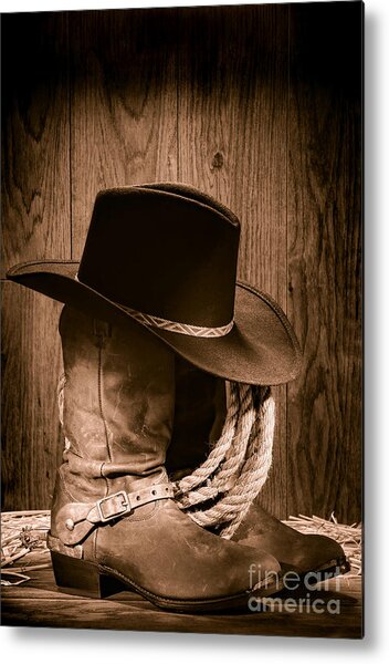 Cowboy Hat and Boots Still Life Metal Print
