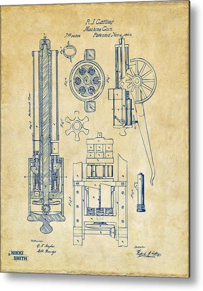 1862 Gatling Gun Patent Artwork - Vintage Metal Print