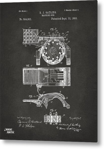 1893 Gatling Machine Gun Feed Patent Artwork - Gray Metal Print