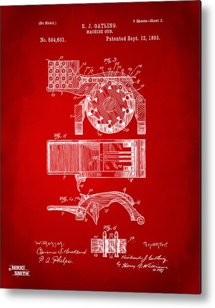 1893 Gatling Machine Gun Feed Patent Artwork - Red Metal Print