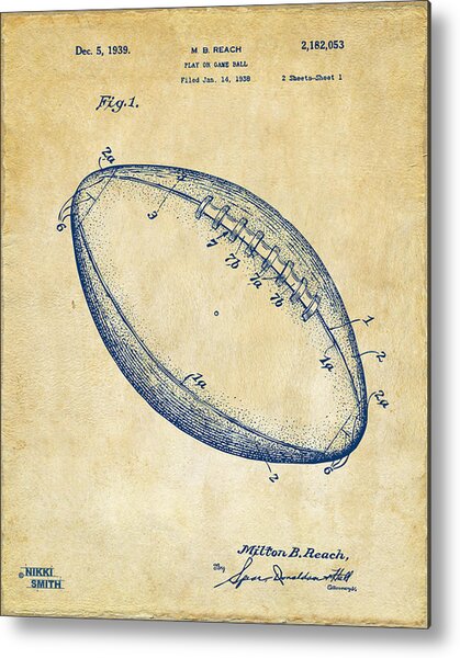 Vintage Football Patent Illustration 1939 Metal Print