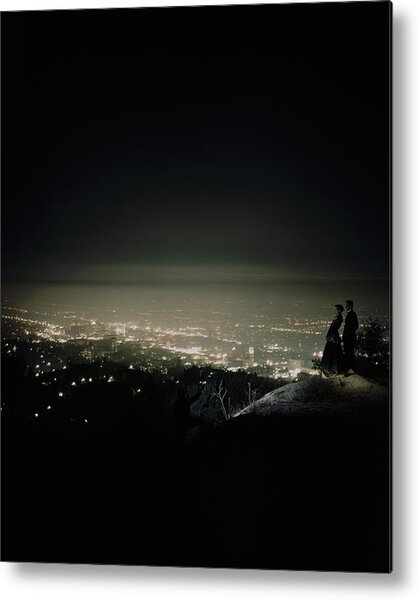 Couple Overlooking City Lights at Night Metal Print