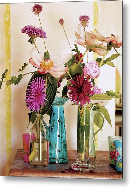 Vibrant Floral Arrangement in Glass Vases Metal Print