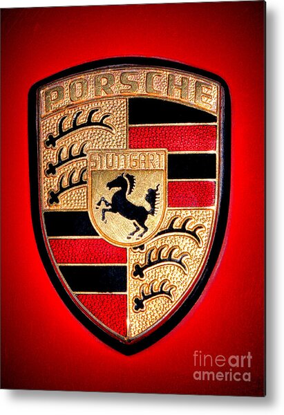 Porsche Emblem on Red Background Metal Print