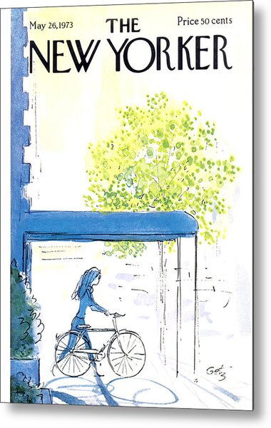 Cyclist Under Blue Canopy Metal Print