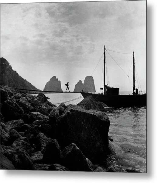 Silhouette of Man Walking on Pier Metal Print
