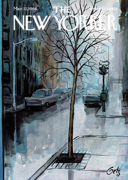Rainy City Street with Bare Tree Poster