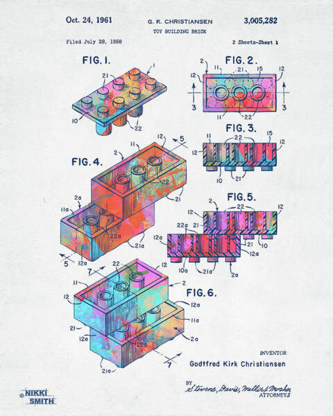 Colorful 1961 Toy Building Brick Patent Art Poster