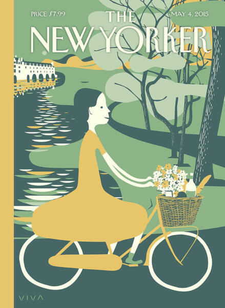 Woman Cycling by Riverside Poster