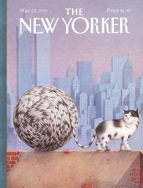 Cat with Yarn and Cityscape Poster