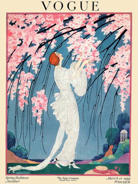 Woman in Flowing Gown Under Cherry Blossoms Poster