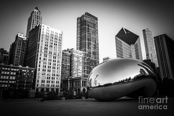Cloud Gate Bean Chicago Skyline In Black And White Poster