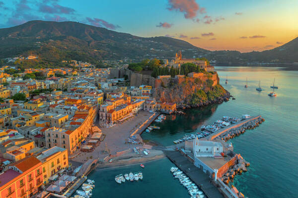 Italy, Sicily, Messina District, Aeolian Islands, Lipari, Square And The Small Port Of Marina Corta At Dawn With The Fortress Of The Lipari Castle In The Background #1 Poster