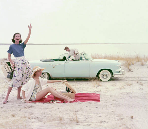 Vintage Beach Scene with Convertible Poster