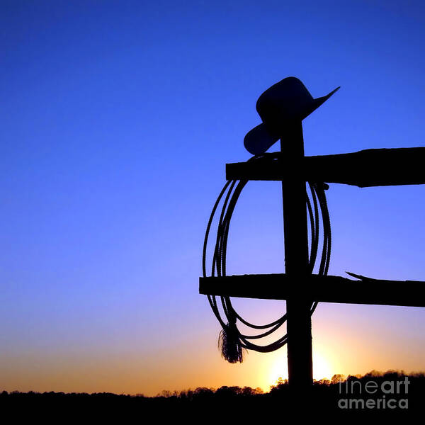 Silhouette of Cowboy Hat and Lasso at Sunset Poster
