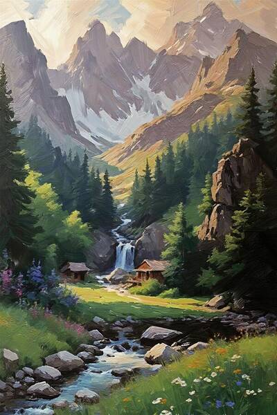 Painting Of A Tranquil Rocky Mountain Waterfalls Art Print