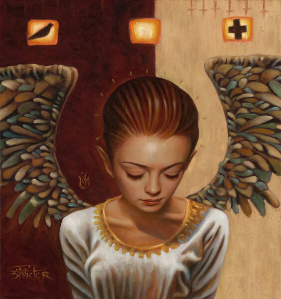 Contemplative Angel with Winged Emblems Mixed Media