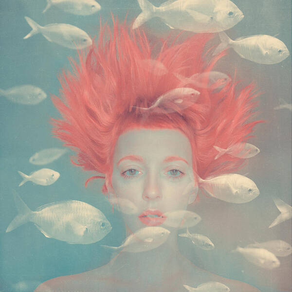 Woman with Vibrant Hair Among Fish Wall Art