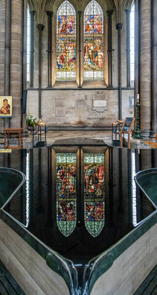 Stained Glass Reflection in Cathedral Art Print
