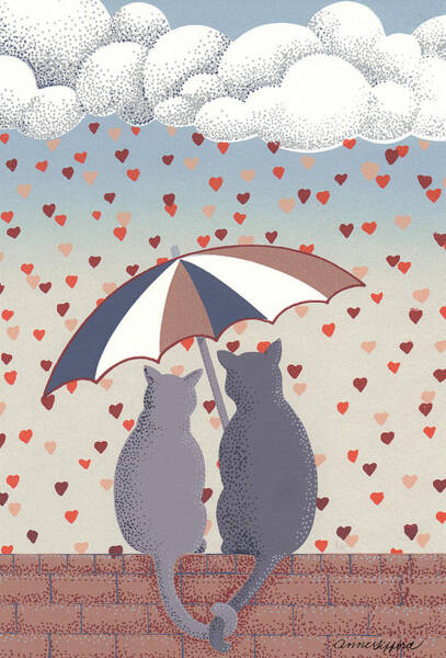 Cats Under Umbrella in Rain of Hearts Mixed Media
