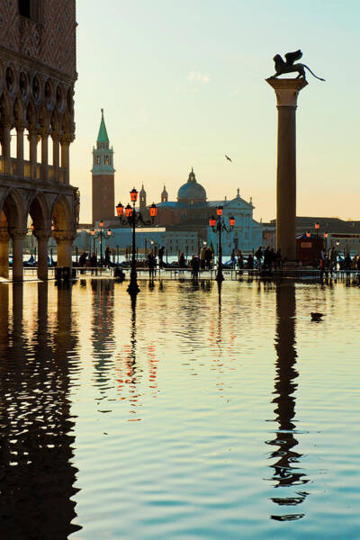 Italy, Veneto, Venezia District, Venetian Lagoon, Adriatic Coast, Venice, St Mark's Square, Doge's Palace, High Tide And San Giorgio Maggiore Island Art Print