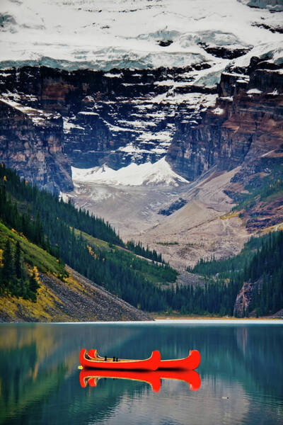 Red Canoe on Mountain Lake Wall Art