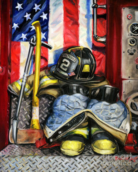 Firefighter Equipment with American Flag Wall Art
