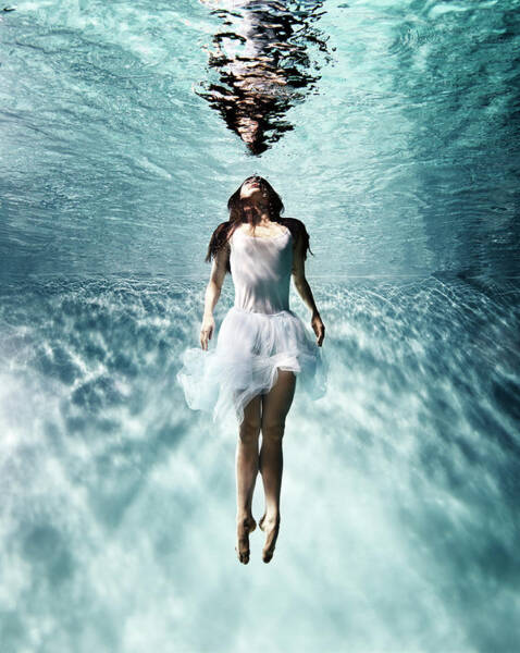 Underwater Woman in White Dress Art Print