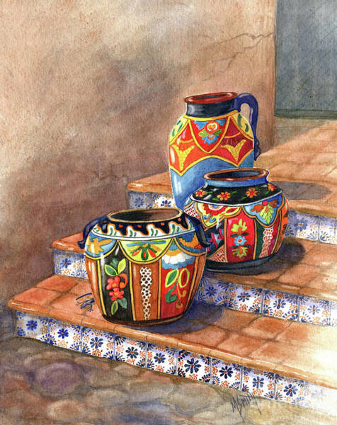 Colorful Ceramic Pots on Tiled Steps Wall Art