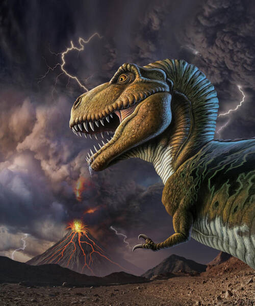 Tyrannosaurus Rex and Fiery Volcano Mixed Media