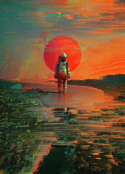 Astronaut on a Glitchy Sunset Horizon Digital Art