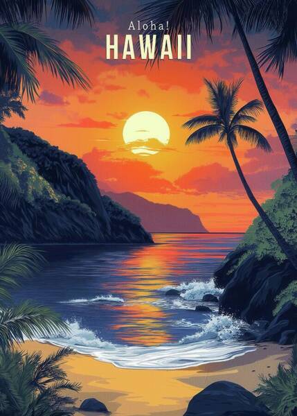 Mixed Media - Tropical Hawaiian SunsetHawaii Sunset Vintage Travel Poster by Travel Poster art print