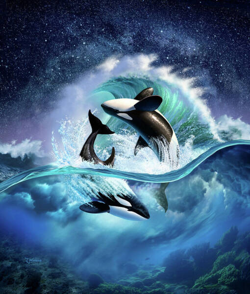 Orcas Leap Beneath a Starry Sky Digital Art