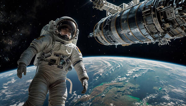 Astronaut Floating Above Earth Art Print