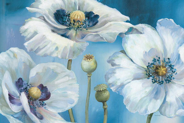 White Poppies Against Blue Background Wall Art