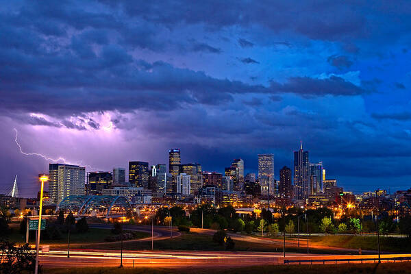 Lightning Over City Skyline Wall Art