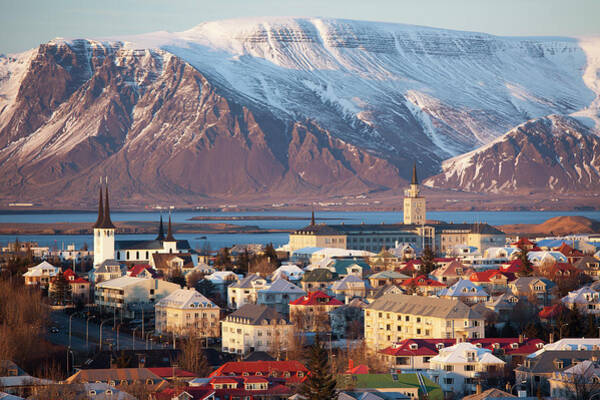Reykjavik with Snow-Capped Mountains Wall Art