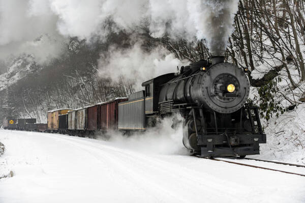 Steam Train Journey Through Snowy Mountains Art Print