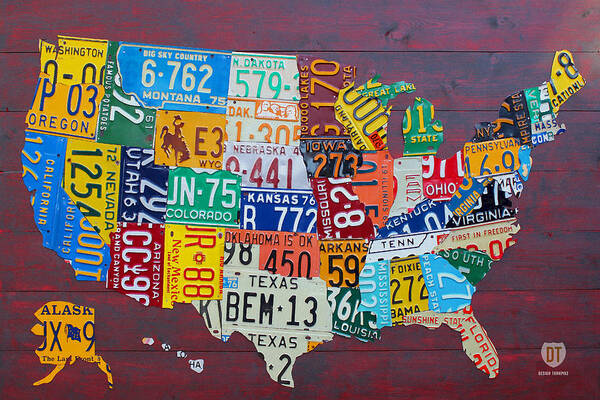 Map of USA with License Plates Mixed Media