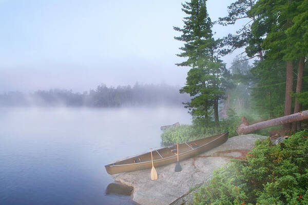Tranquil Canoe by Misty Lake Wall Art