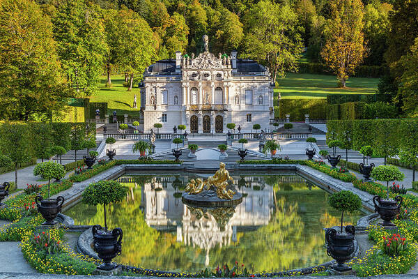 Germany, Bavaria, Linderhof Castle, Schloss Linderhof, Bavarian Alps, Werdenfelser Land, Graswangtal, Graswang Valley, Nature Park Ammergau Alps, Water Parterre In The Early Morning Art Print