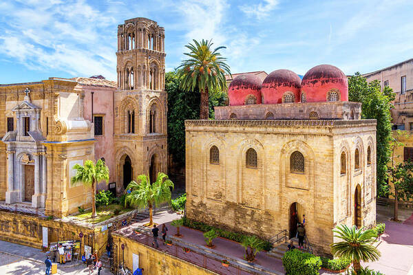 Italy, Sicily, Palermo District, Mediterranean Sea, Tyrrhenian Sea, Palermo, Piazza Bellini With The Churches Of Santa Maria Dell'ammiraglio Or Martorana And San Cataldo With The Typical Red Domes Art Print